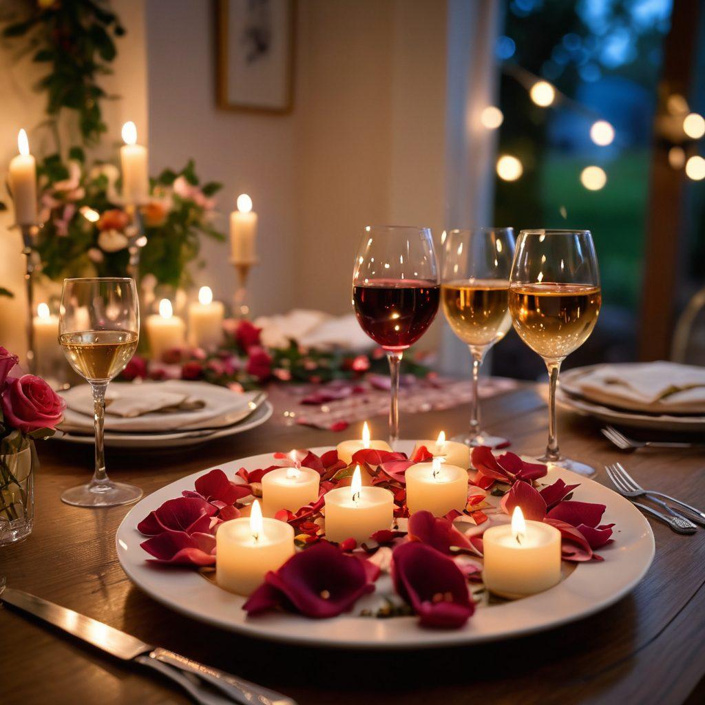 A beautifully set dinner table adorned with candles and rose petals, creating an intimate atmosphere. In the foreground, two elegantly styled plates with gourmet food, surrounded by soft, ambient lighting showcasing the elegance of the evening. A pair of wine glasses clink gently, hinting at a celebration of love. The background features a softly blurred garden with twinkling fairy lights. romantic, cozy ambiance, super-realistic, warm colors, 3D.