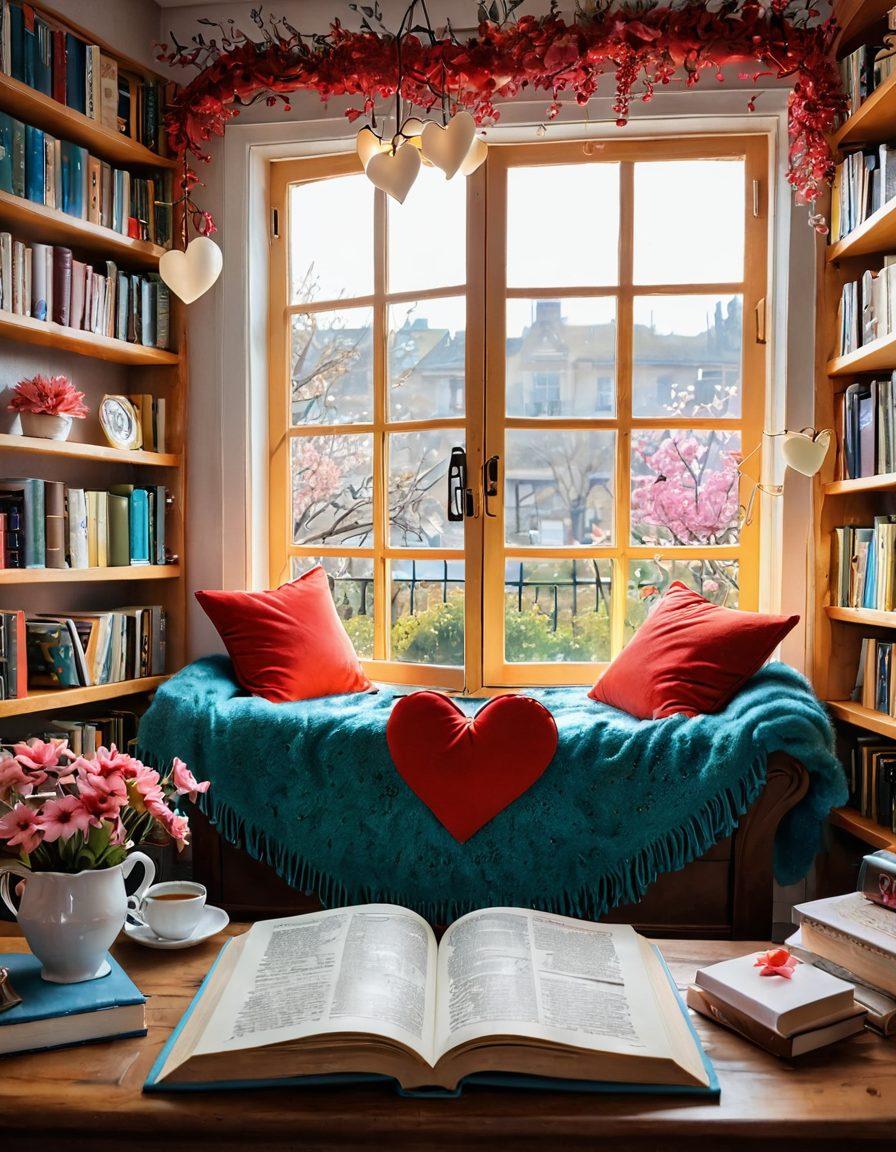 A whimsical and romantic scene featuring a cozy reading nook adorned with creative bookmarks that spark passion, like heart-shaped designs, playful quotes, and vibrant colors. There's an open book with love-themed illustrations, soft lighting casting warm shadows, and a steaming cup of coffee beside it. The background includes elements like blooming flowers and artistic decorations that suggest intimacy and creativity. illustration. vibrant colors. cozy atmosphere.