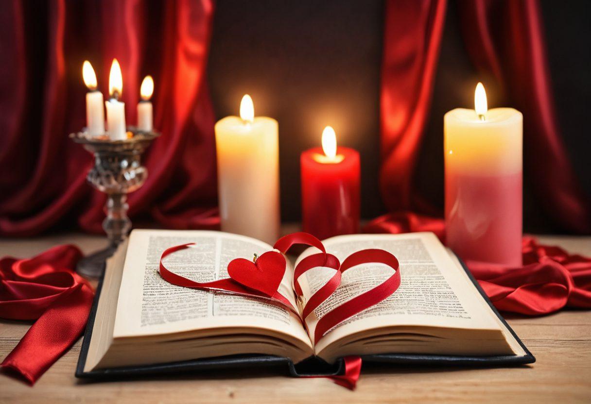 A sensual and inviting scene featuring a beautifully arranged romantic setting with a lit candle, an open book with bookmarks peeking out, and two intertwined hearts made of red silk. The background showcases soft, blurred fairy lights, creating an intimate atmosphere. Incorporate warm tones to evoke passion and desire. super-realistic. vibrant colors. soft focus.